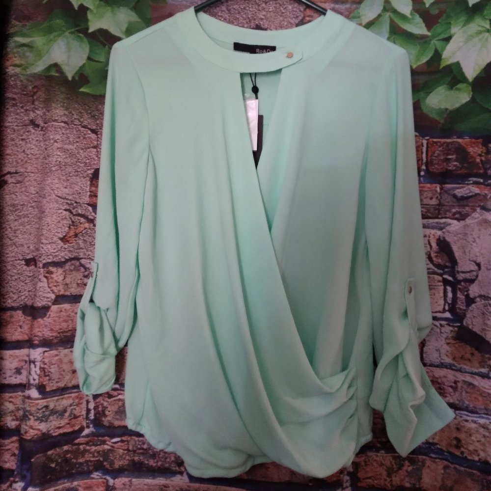 Mint Green Surplice Double Button Roll Cuff Sleeve Blouse